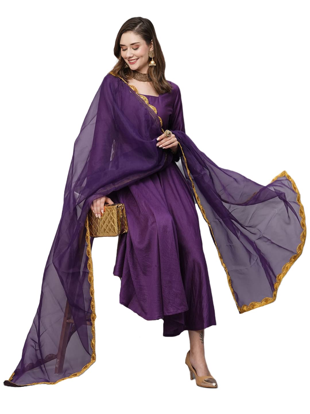 Gosriki Women'S Cotton Blend Anarkali Solid Kurta With Pant & Dupatta (Mini-Begani-Gs_Xxl_Purple_Xx-Large),Purple,2,B0C5JTC1ND