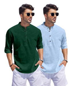 Bellstone Men'S Cotton Blend Solid Regular Dress Shirt (Kurta1500_Combo_D Green & Sky_Xl_Dark