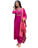 GoSriKi Womens Straight Embroidered Rayon Blend Kurta with Pants and Dupatta, Pink, Small