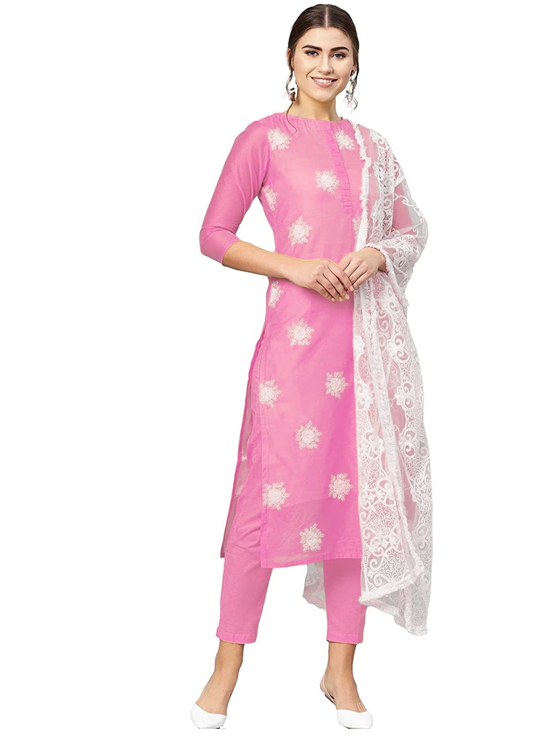 Anni Designer Women'S Ruby Cotton Straight Embroidery Kurti With Pant & Dupatta Set (White-Show Nude_L Nude_Large),Nude,L