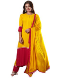 Anni Designer Women'S Cotton Blend Straight Solid Kurta With Pant & Dupatta (Panai Yellow_L_Yellow_Large),Yellow,L