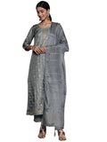 Libas Grey Self Design Silk Blend Straight Kurta With Trousers & Dupatta