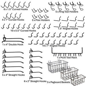 Heavy Duty Black Pegboard Hooks and Baskets for Hanging Tools, 73 Pieces 1/4'' Peg Board Accessories Peg Hooks and Bins, Peg Boa