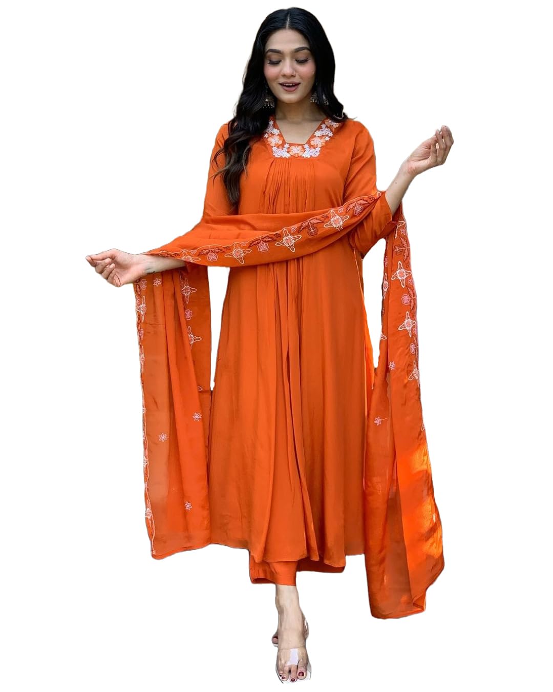 Anni Designer Women'S Rayon Blend Regular Fit Anarkali Thread Work Kurta With Pant & Dupatta (Ashvthama Orange_L_Orange_Large),Orange,L