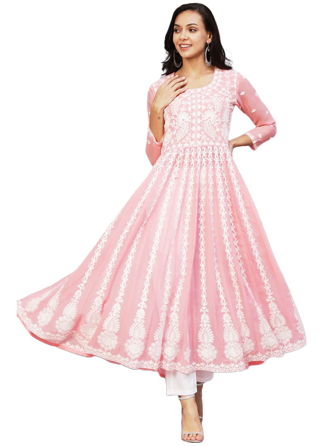 Anni Designer Women'S Georgette Chikankari Embroidered Anarkali Kurti (Kari Peach_L_Peach_Large),Peach,L