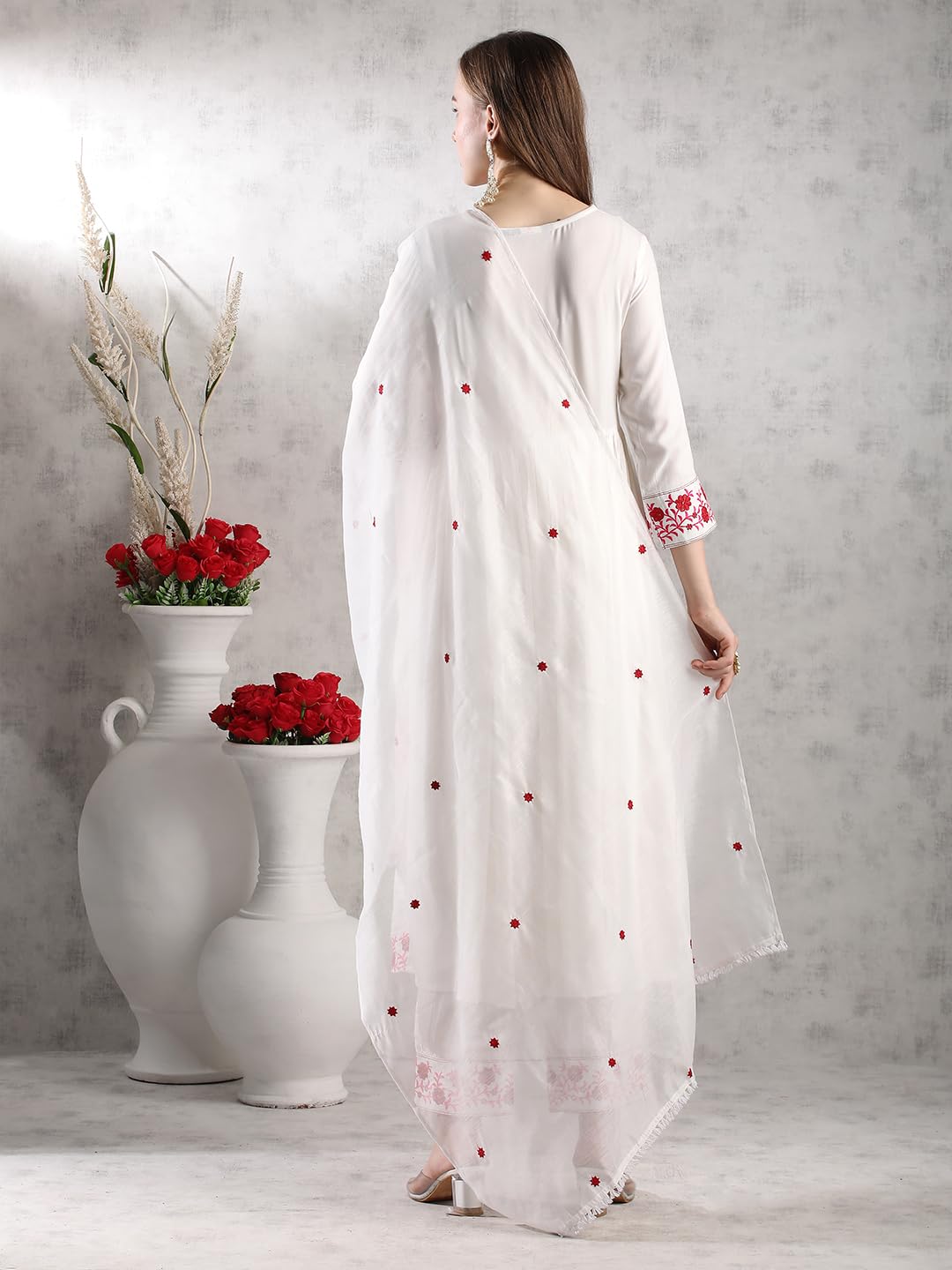 Anni Designer Women'S Rayon Blend Anarkali Embroidered Kurta With Pant & Dupatta (Raashi Cream-Vks02_S_Cream_Small),Cream,S,Rayon Blend,Anarkali,