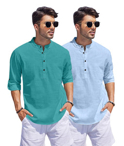 Bellstone Men'S Cotton Blend Solid Regular Dress Shirt (Kurta1500_Combo_Rama & Sky_S