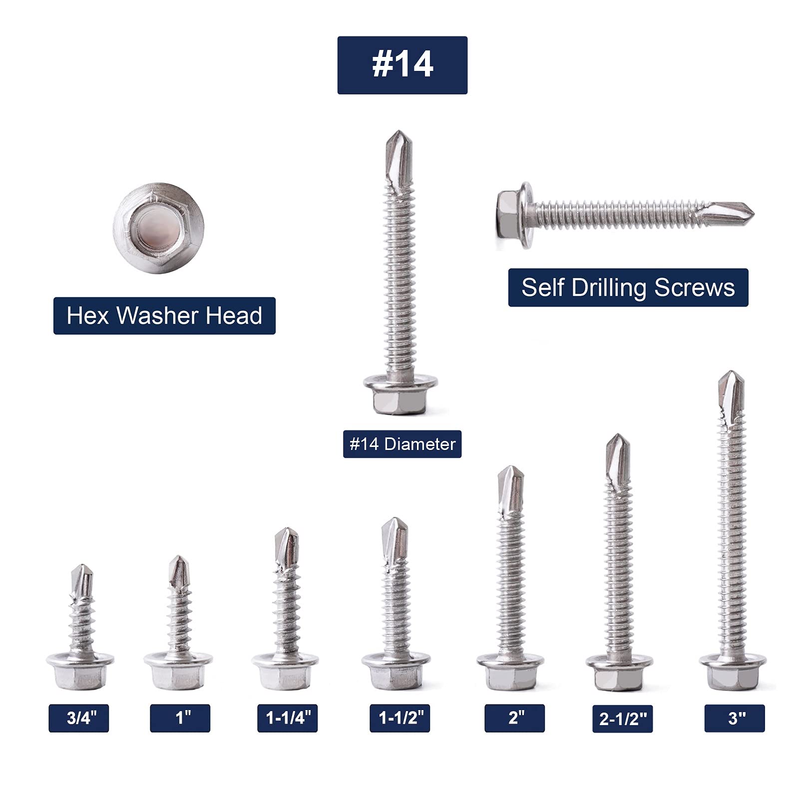 #14 x 1 Sheet Metal Screws 100PCS 410 Stainless Steel Hex Washer Head Fast Self Tapping Screws by SG TZH