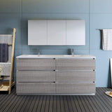 Fresca Lazzaro 72 Glossy Ash Gray Free Standing Double Sink Modern Bathroom Vanity W/Medicine Cabinet - Faucet Sold Separately