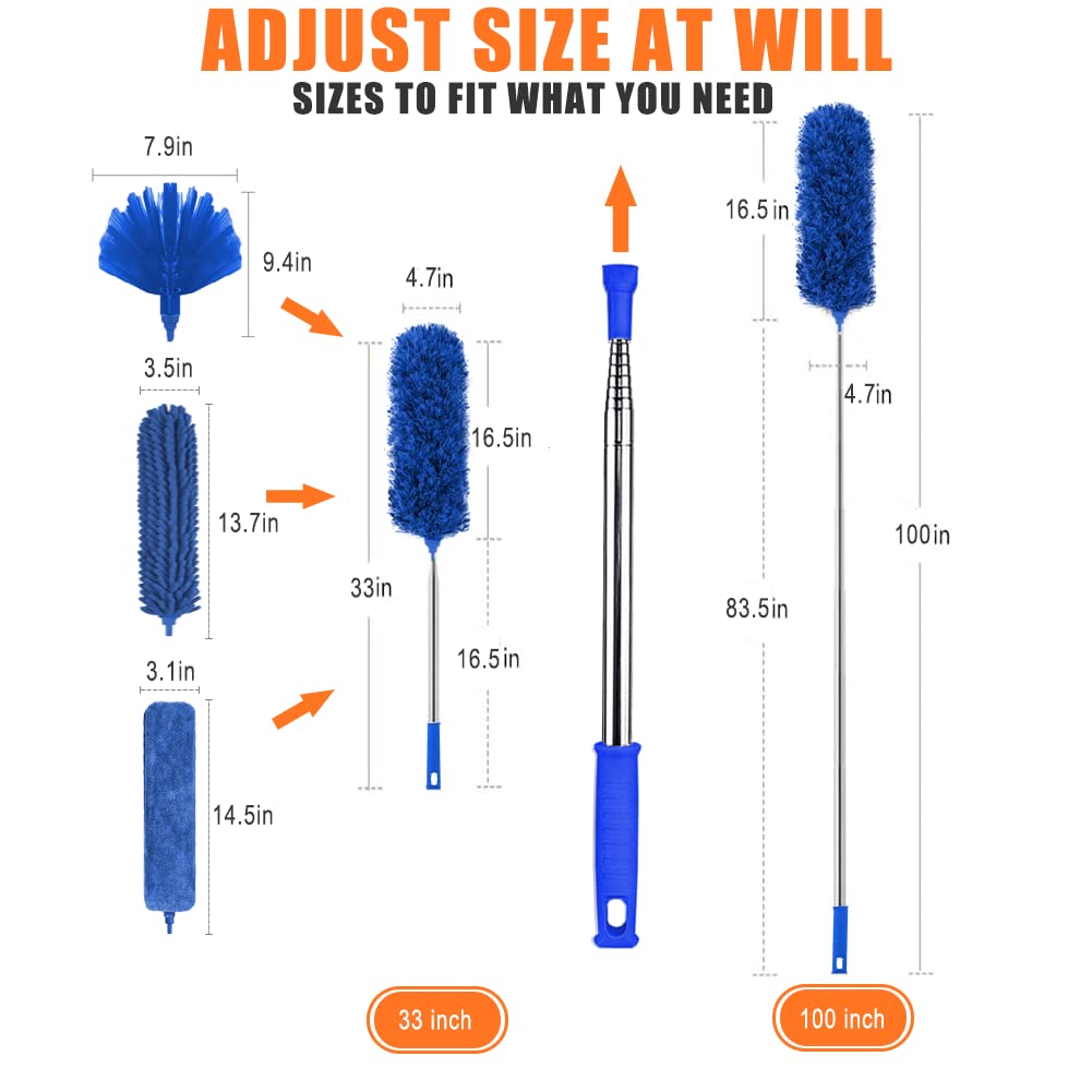 Microfiber Feather Duster, 6PCS Washable Bendable Dusters with 100 Telescopic Pole, Cobweb Cleaner for Ceiling Fans, Lights, B
