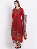 Gosriki Women'S Cotton Blend Straight Printed Kurta With Pant & Dupatta (Tigu-Red_L-Go_Red_Large),Red,,B09SW962P1