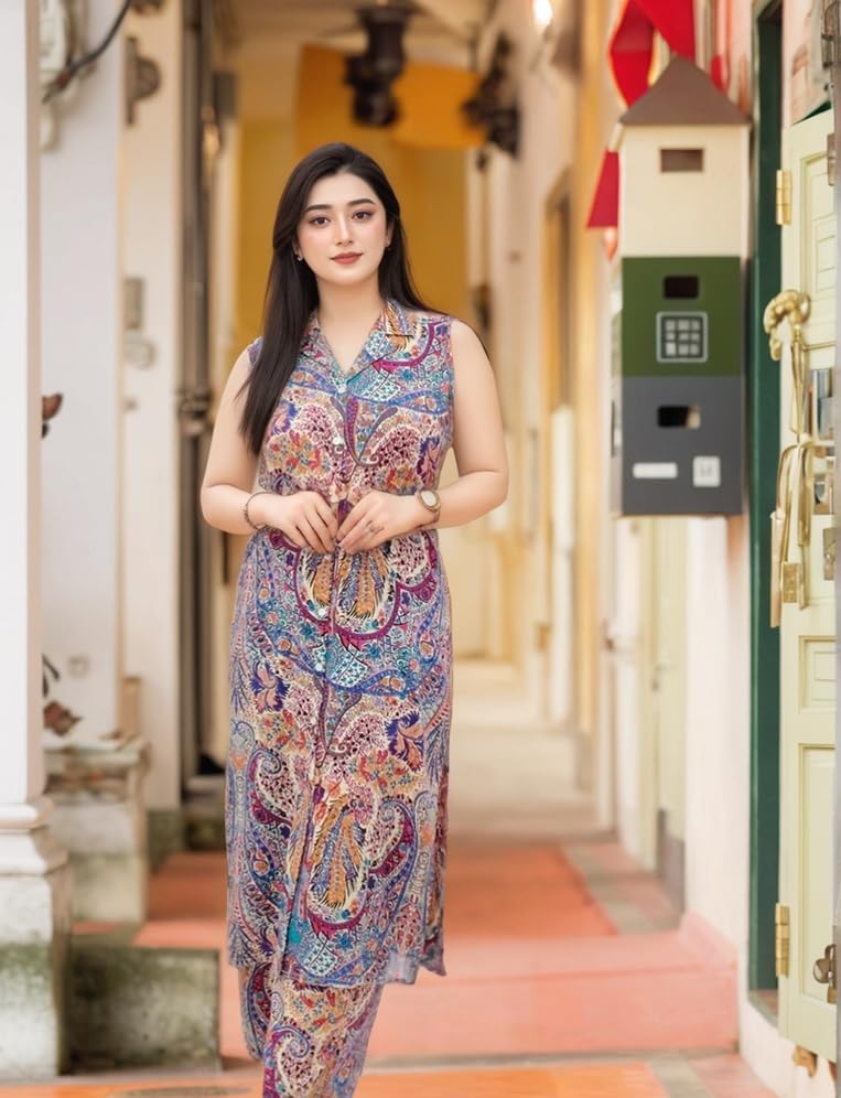 Anni Designer Women'S Rayon Viscose A-Line Printed Kurta With Palazzo (Karnan Multi_Xxl_Multicolor_Xx-Large),Multicolour,2XL,Rayon,A-Line,