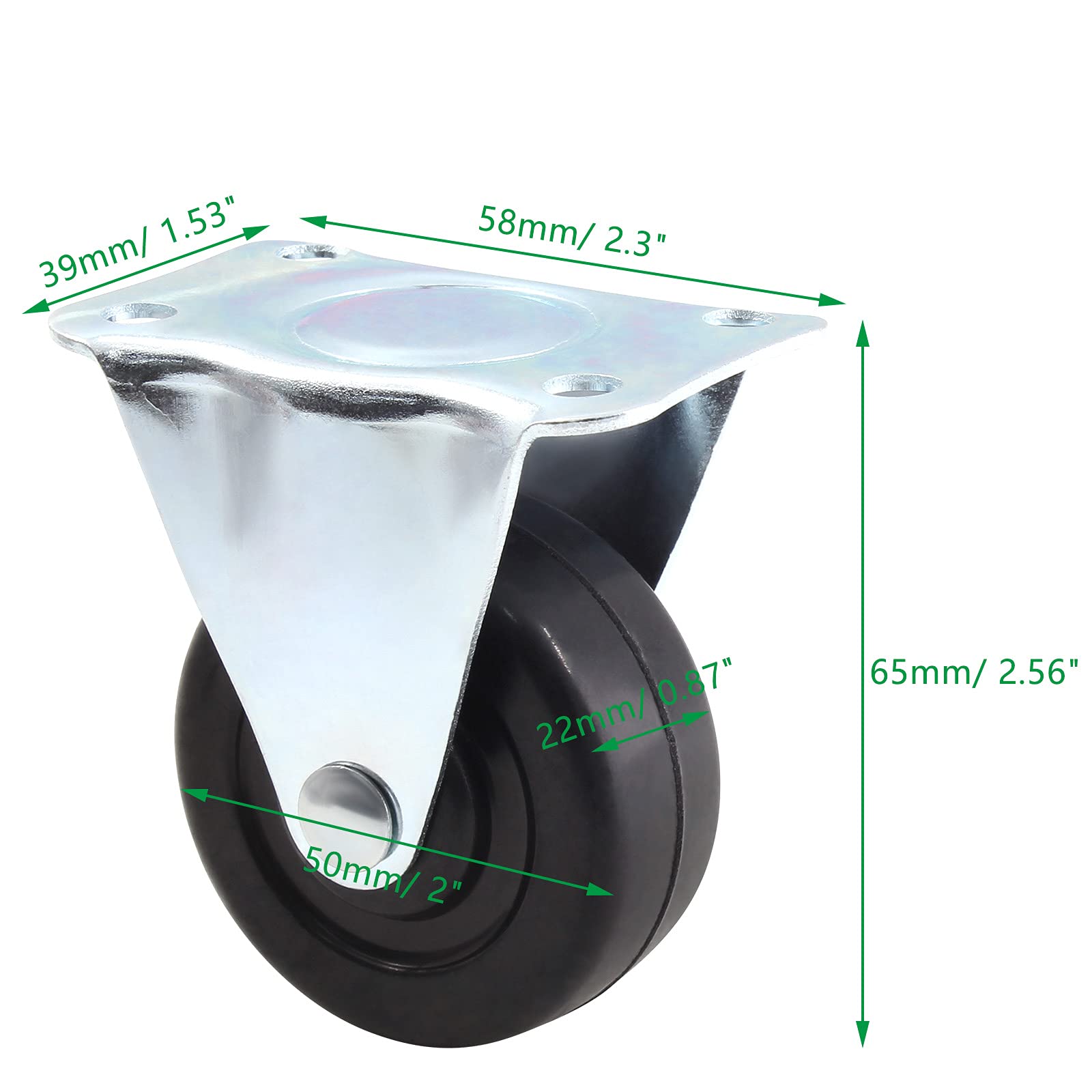 Cionyce 4 Pcs 2 Inch Rubber Caster Wheels Heavy Duty Rigid Fixed Casters with Non-Swivel Top Plate for Furniture