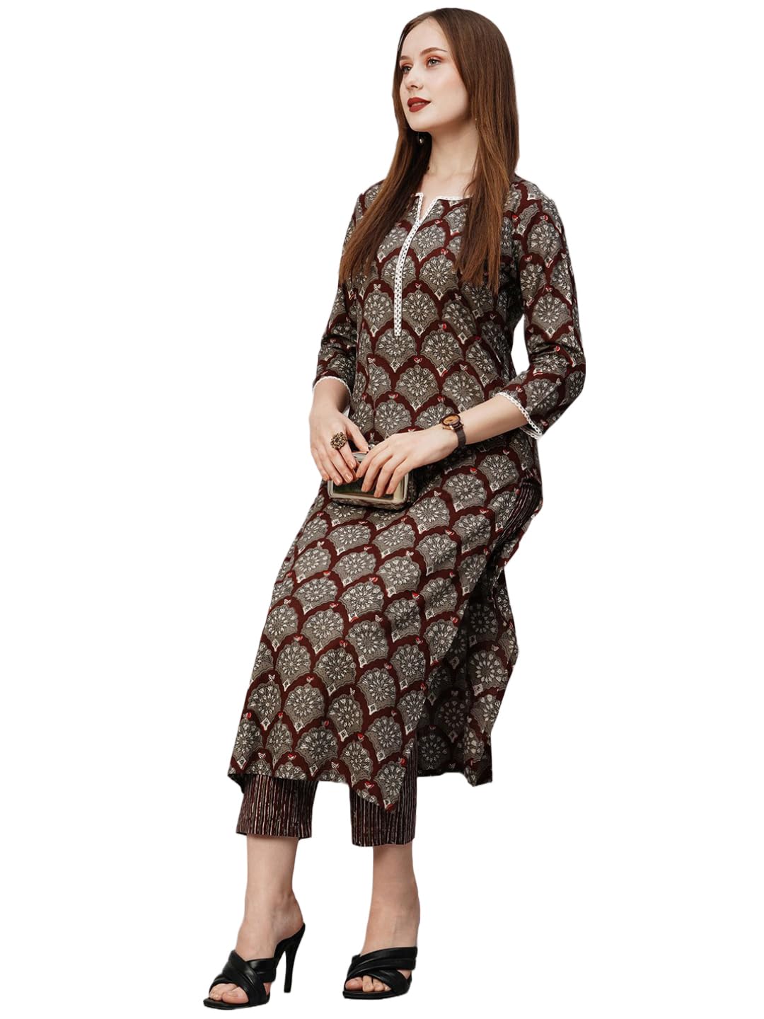 Anni Designer Women'S Cotton Blend Printed Straight Kurta With Pant (Urmi Maroon_L_Maroon_Large),Maroon,L
