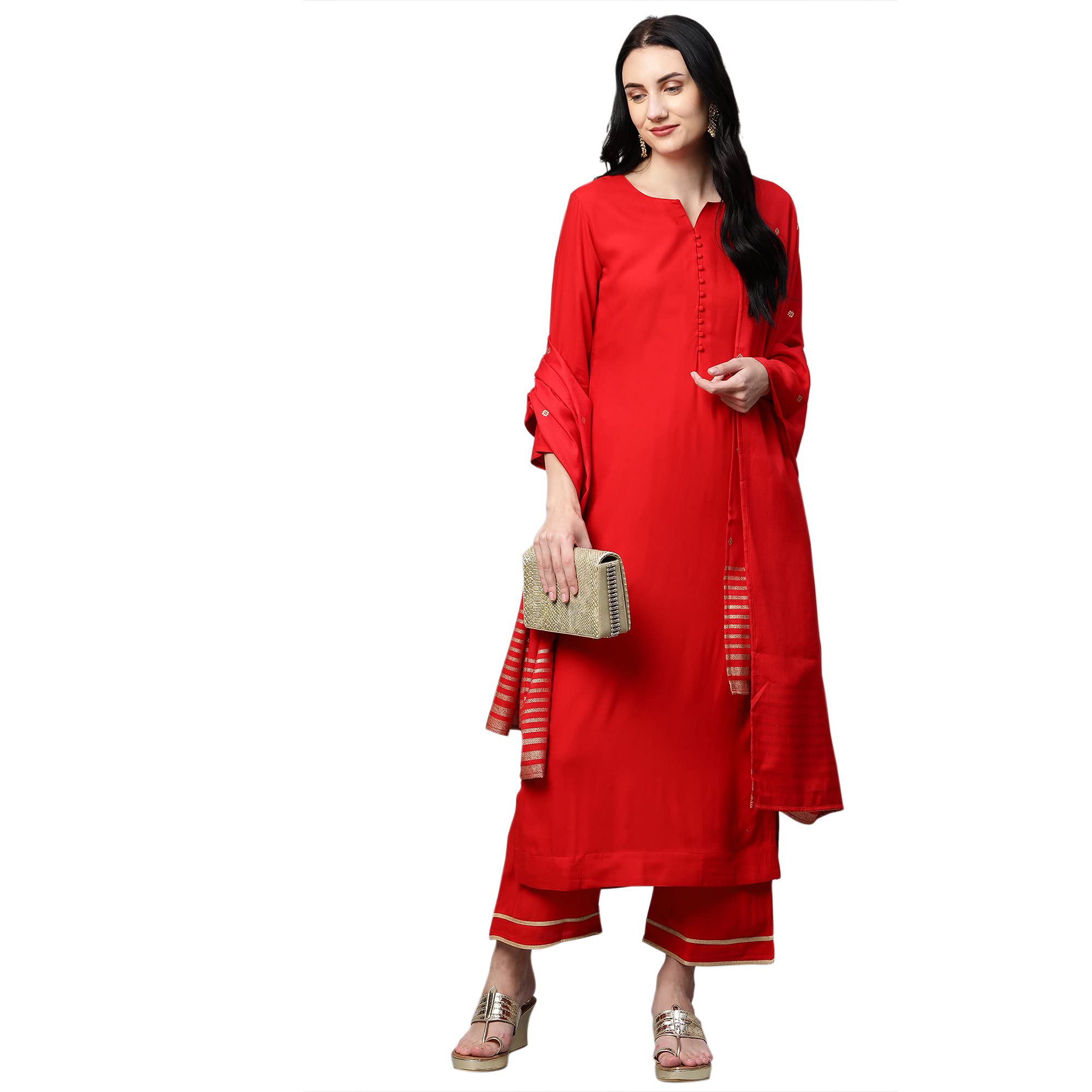 Anni Designer Women'S Ruby Cotton Straight Kurta With Palazzo & Dupatta (Game Red_S_Red_Small),Red,S