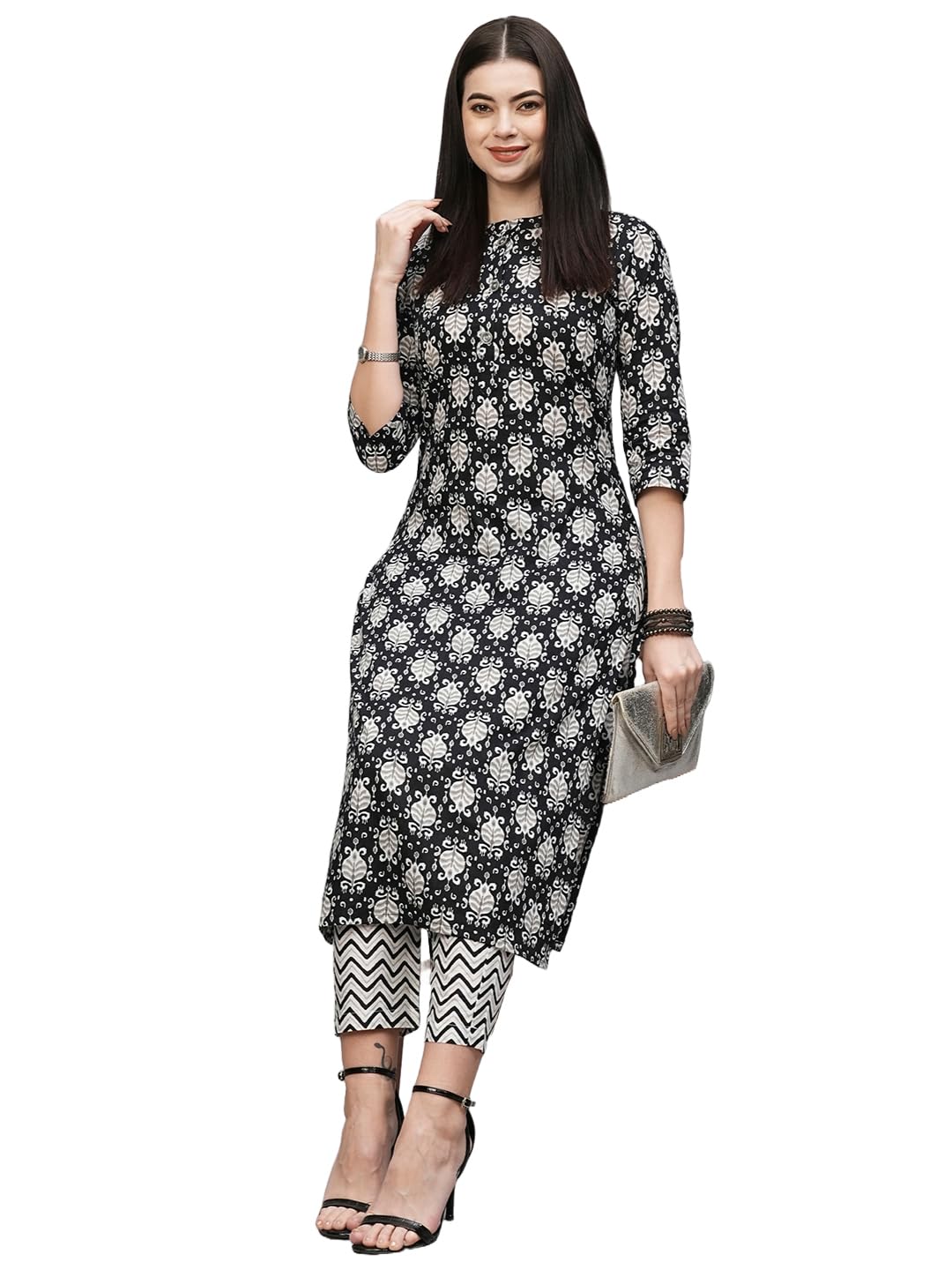 Anni Designer Women'S Cotton Blend Straight Printed Kurta With Pant (Babita Black_Xl_Black_X-Large),Black,XL