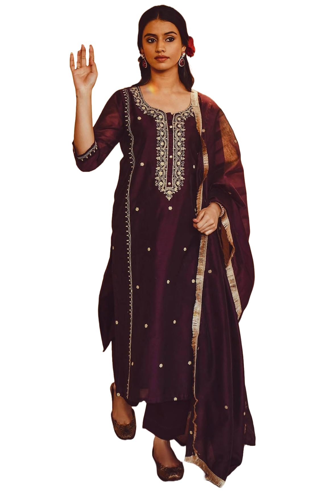Gosriki Women'S Cotton Blend Embroidered Straight Kurta With Pant & Dupatta (Ultra101 Wine-Gs_S_Wine_Small),Wine,,B0CL7DJX79