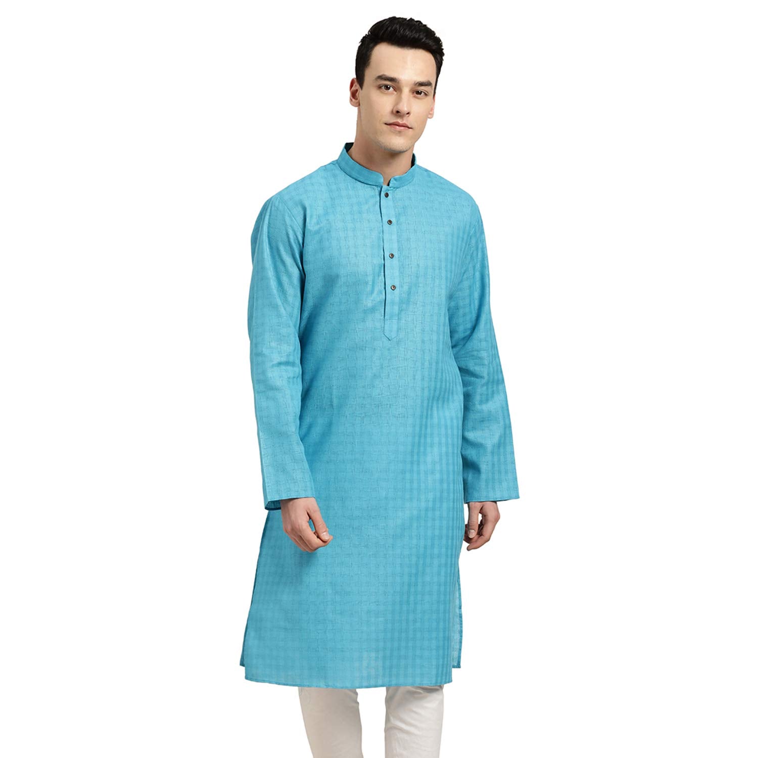 Sojanya (Since 1958 Men'S Cotton Linen Peacock Blue Checked Only Long Kurta Size: 42