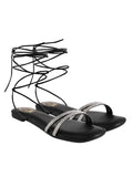 Shoetopia Rhinestone Decor Tie Leg Design Black Flat Sandals For Women & Girls /Uk5,Black,5,B0BZPTYL3Y