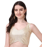 Pujia Mills Women's Multicolor Sweetheart Neck Georgette Line Soft Embroidery Sequence Zari Work Sleeves Readymade Saree Blouse 