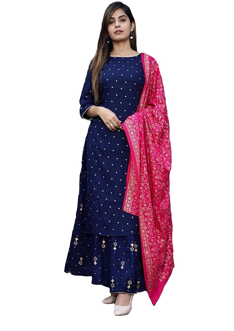 Anni Designer Women'S Ruby Cotton Foil Printed Straight Kurta With Palazzo & Dupatta (Kashmiri-Blue_Xxl_Dark Blue_Xx-Large),Dark Blue,2XL