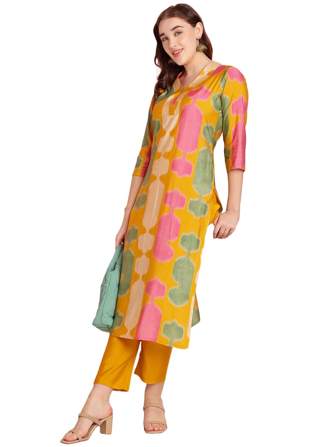 Gosriki Women'S Rayon Blend Straight Printed Kurta With Pant (Surdas Yellow-Gs_M_Yellow_Medium),Yellow,,B0DRNNJMLX