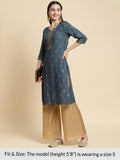 Rangita Women Rayon Dark Grey Gold Printed Placket Calf Length Straight Kurti_8905723194536