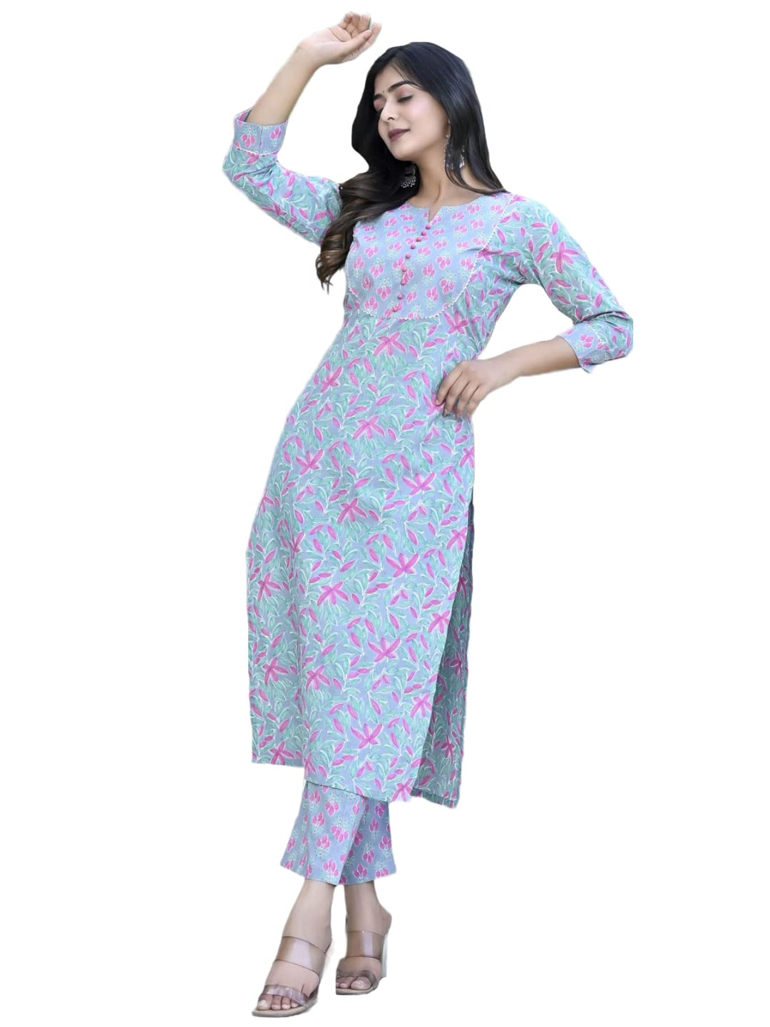 Gosriki Women'S Cotton Blend Printed Straight Kurta With Pant (Tidhara Green-Cmd-Gs_Xl_Green_X-Large),Green,,B0C6GY2F97