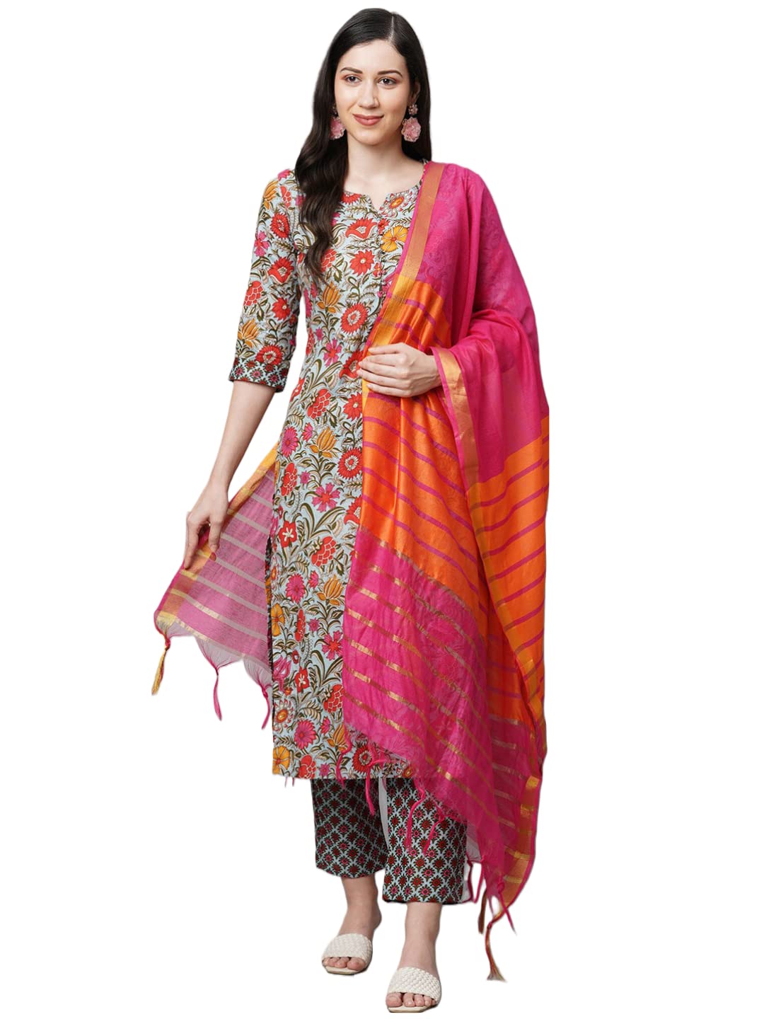 Anni Designer Women'S Cotton Blend Straight Printed Kurta With Pant & Dupatta Set (Jakar Green_M_Green_Medium),Green,M