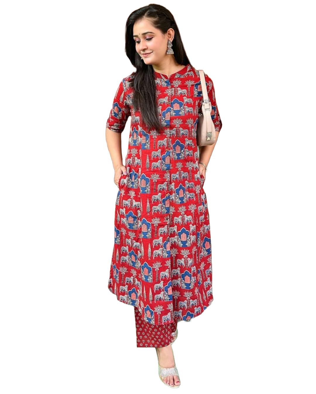 Gosriki Women'S Rayon Blend Straight Printed Kurta With Palazzo (Gpw Red-Gs_S_Red_Small),Red,,B0DFCJ4GDZ