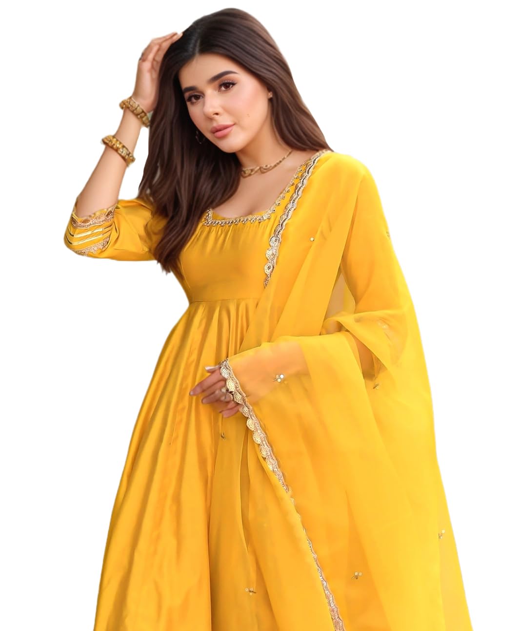 Anni Designer Women'S Rayon Viscose Anarkali Solid Kurta With Pant & Dupatta (Sitapati Yellow-Vks03_L_Yellow_Large),Yellow,L