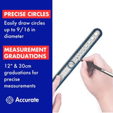Helix Circle Ruler With Integrated Circle Templates, 12 Inch / 30Cm, Assorted Colors (36001)