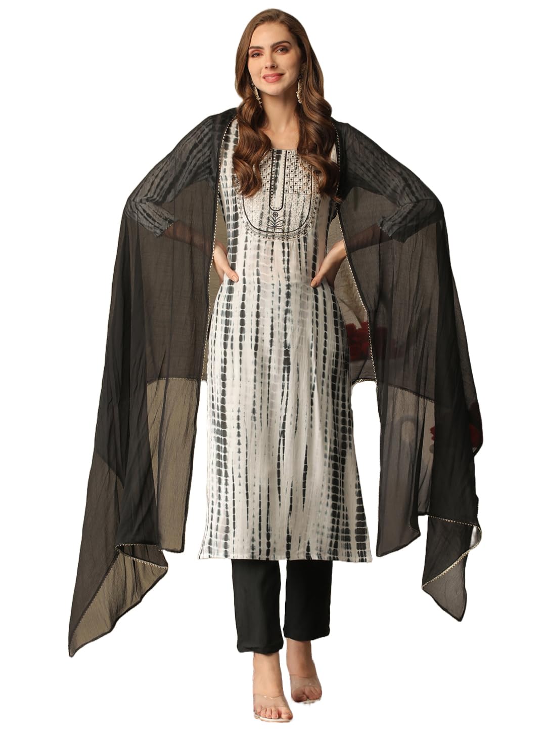 Gosriki Women'S Rayon Blend Straight Printed Kurta With Pant & Dupatta (Tiedye Black-Gs_M_Black_Medium),Black,,B0D3BYZH9X