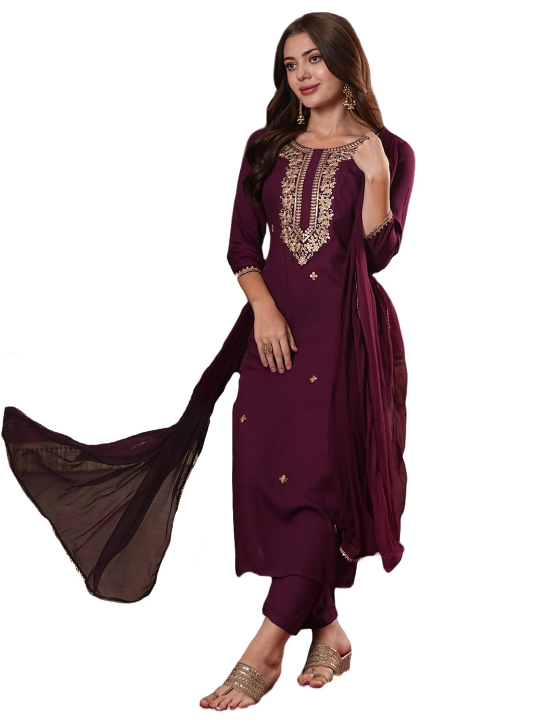 Gosriki Women'S Cotton Blend Straight Embroidered Kurta With Pant & Dupatta (Kesu Wine-Gs_M_Wine_Medium),Wine,,B0DM1VFPPL