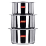 Sumeet Big & Large Size S.S. Mirror Induction Stainless Steel Bottom Container/Tope/Cookware with Lid Set of 3 Pc. Size No.15 (3