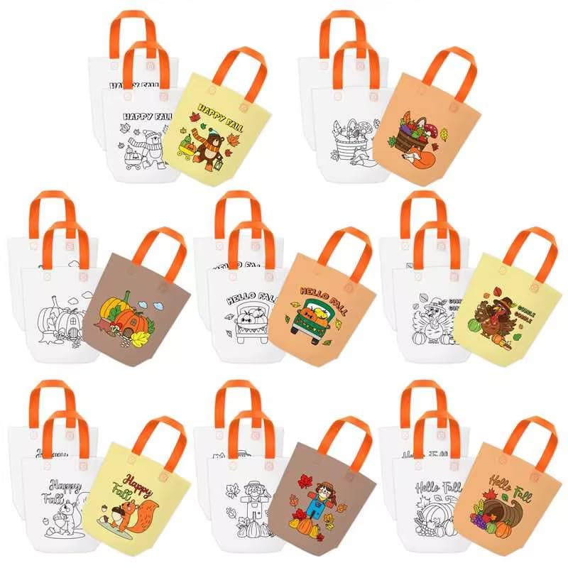 JAPBOR Fall Coloring Goodie Bags - 24PCS Autumn Colouring Gift Bag Bulk for Kids, Color Your Own Thanksgiving Painting DIY Craft