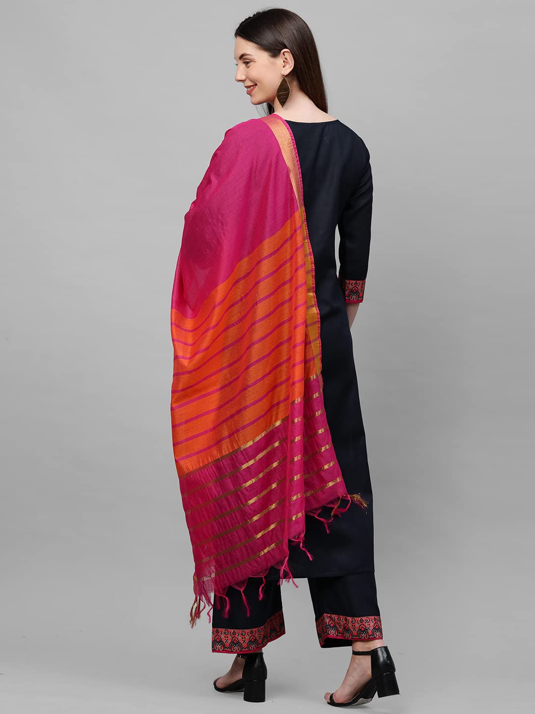 Anni Designer Women'S Cotton Blend Straight Printed Kurta With Pant & Dupatta (My Hit Nw Black_S_Black_Small),Black,S,Cotton Blend,Straight,