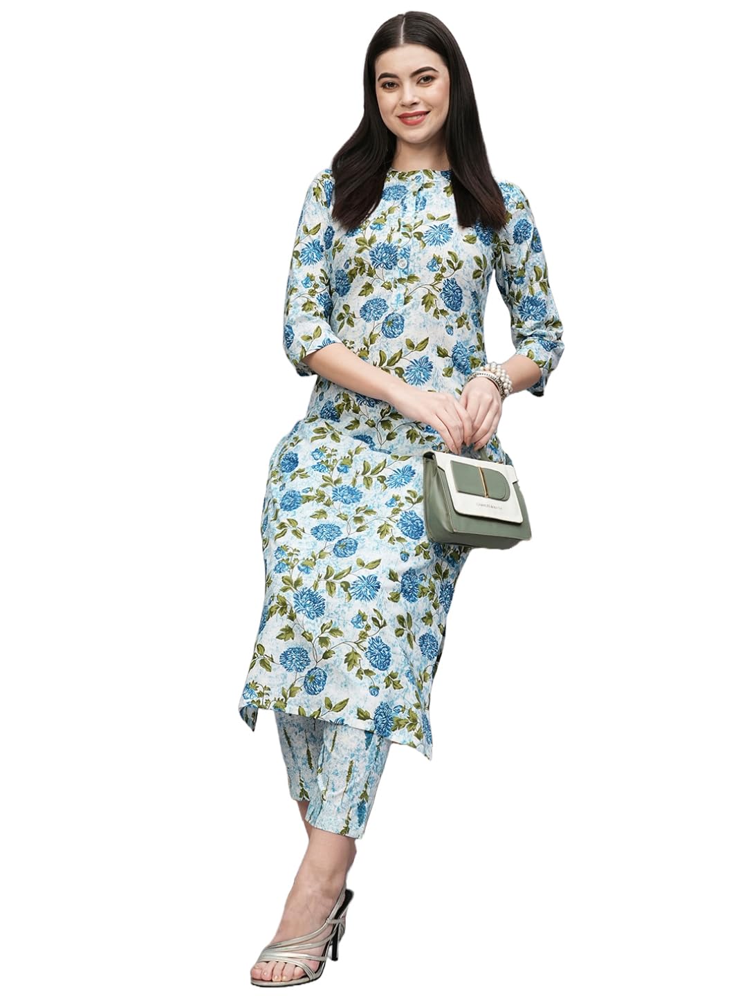 Gosriki Women'S Cotton Blend Straight Printed Kurta With Pant (Dafiya Blue-Gs_Xl_Blue_X-Large),Blue,,B0CSG3NX6S