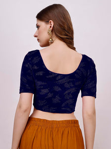 Vihu Fashion Women'S Readymade Hosiery Velvet Lycra Stretchable Round Neck Half Sleeve Blouse Fancy Navy Blue Color Lycra Stretchable Blouse For Women Readymade Saree Blouse Navy Blue Xl