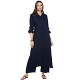 Idalia Rayon Solid Straight Kurta Set For Women 3/4 Sleeve, Round V Neck Designer Kurta With Pant Blue Xs