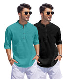 Bellstone Men'S Cotton Blend Solid Regular Fit Dress Shirt (Kurta1500_Combo_Rama & Black_Xl