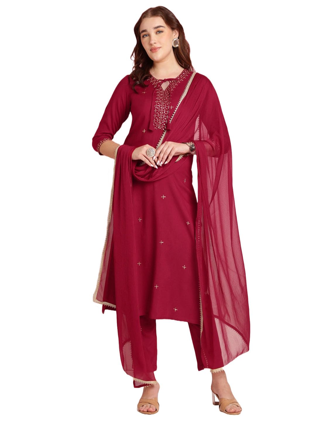 Anni Designer Women'S Rayon Blend Embroidered Straight Kurta With Pant & Dupatta (Ramdhani Maroon_M_Maroon_Medium),Maroon,M