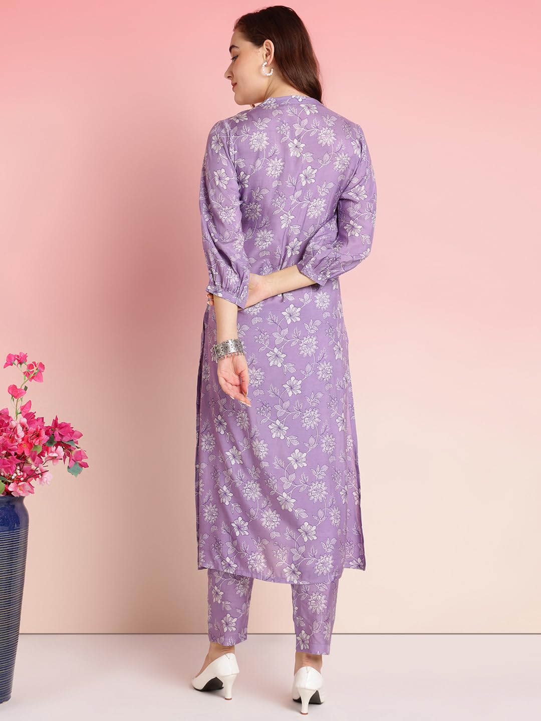 Anni Designer Women'S Rayon Blend Straight Printed Kurta With Pant (Gopibandhu Purple_L_Purple_Large),Purple,L,Rayon Blend,Regular,