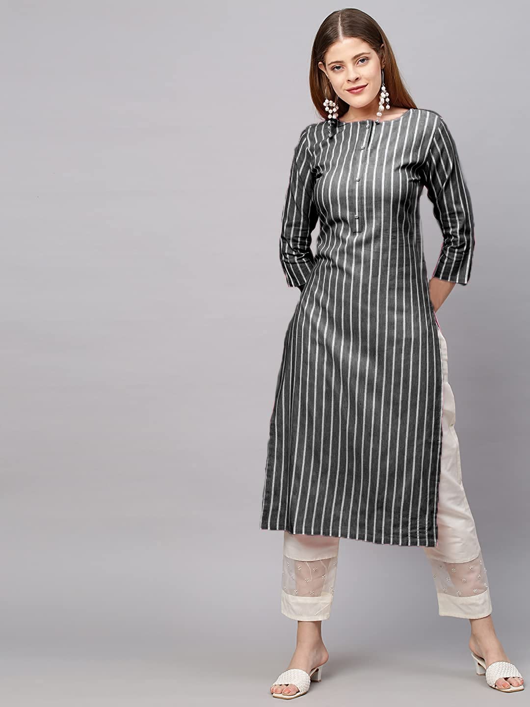 Anni Designer Women'S Cotton Blend Printed Straight Kurta (Line New Black_M_Black_Medium),Black,M,Cotton Blend,Straight,kurta