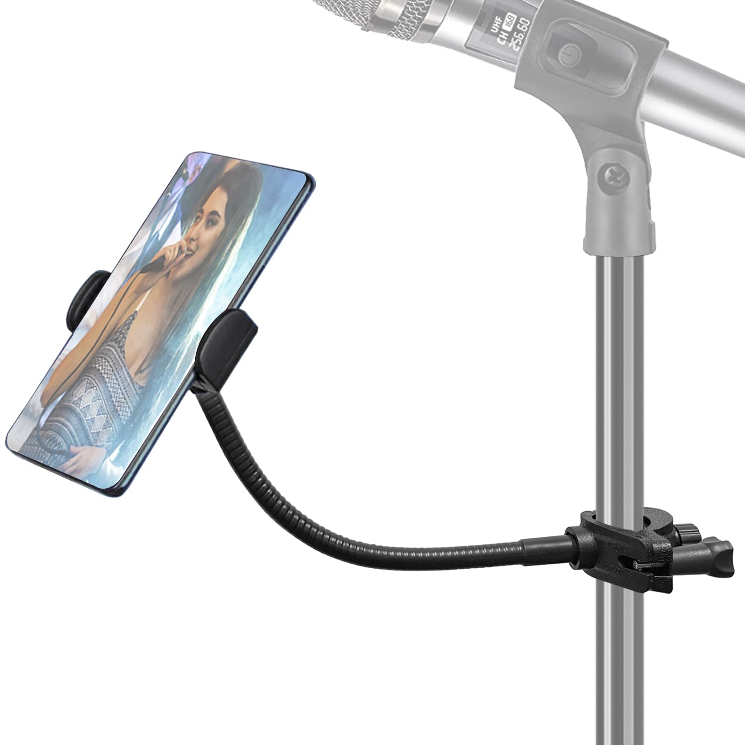 Phone Holder for Mic Stand, JCWINY Mic Stand Phone Holders [10 Long Flexible Gooseneck Arm] Cell Phone Holder for Microphone S