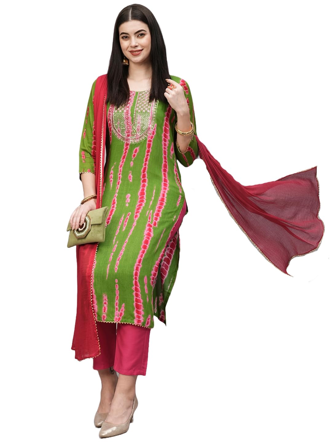 Anni Designer Women'S Rayon Blend Straight Printed Kurta With Pant & Dupatta (Dollop Methi_M_Green_Medium),Green,M