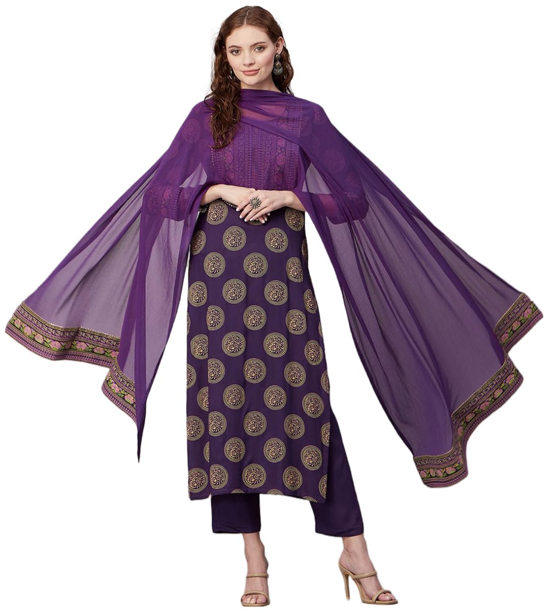 Gosriki Women'S Cotton Blend Printed Straight Kurta With Pant & Dupatta (Nov-Violet-Gs_M_Violet_Medium),Violet,,B0C9TXHYT8