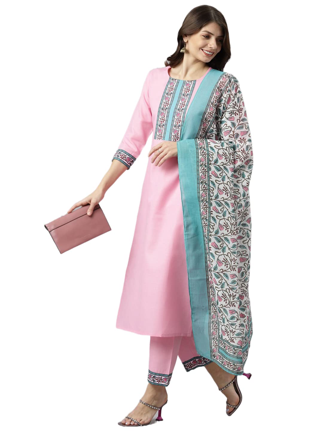 Anni Designer Women'S Cotton Blend Straight Printed Kurta With Pant & Dupatta (Jam001-Pink & Grey_Xl_Dark Blue_X-Large),Pink & Grey,XL