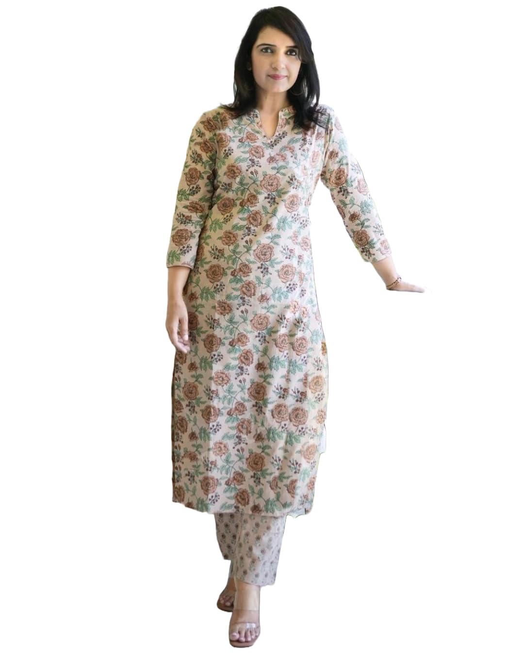 Gosriki Women'S Cotton Blend Straight Printed Kurta With Pant (Wide Cream-Gs_L_Cream_Large),Cream,,B0CQPHFQ33