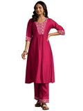 Libas Womens Yoke Design Silk Blend A-Line Kurta With Trousers